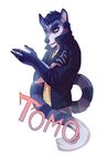  anthro canine clothed clothing hitmore male mammal simple_background solo standing striped_tail stripes teeth text white_background 