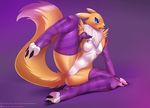  2016 anthro black_sclera blue_eyes blush breasts claws clothing digimon dipstick_tail doomthewolf featureless_breasts featureless_crotch female fur gloves legwear looking_at_viewer multicolored_tail navel neck_tuft open_mouth purple_background raised_leg renamon simple_background solo spread_legs spreading stockings striped_legwear stripes thigh_highs tuft yellow_fur 