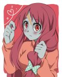  1girl blush bow breasts eyebrows_visible_through_hair forehead_scar hair_ornament hand_in_hair heart hoshiyoruno long_hair long_sleeves minamoto_sakura polka_dot red_eyes red_hair scar solo sweater zombie zombie_land_saga 