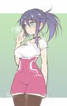  blue_eyes breasts brown_legwear choker cosplay covered_navel female_protagonist_(pokemon_go) imura_(shiro_maru) jacket jacket_removed large_breasts leggings long_hair original pantylines pokemon pokemon_go ponytail purple_hair shiro_maru shirt shorts sketch solo sweat t-shirt 