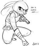  alec8ter anthro black_and_white clothing crouching disney female gun handgun judy_hopps lagomorph looking_at_viewer mammal monochrome pistol police_uniform rabbit ranged_weapon simple_background sketch text uniform weapon zootopia 