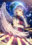  commentary_request covering_mouth dress duplicate earth expressionless feathered_wings feathers hair_between_eyes jacket kikugetsu kishin_sagume long_sleeves moon open_clothes open_jacket planet purple_dress red_eyes short_dress short_hair silver_hair single_wing sky solo space standing star_(sky) starry_sky touhou white_wings wings 