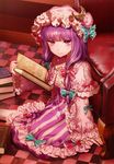  book capelet checkered checkered_floor crescent dress embellished_costume hair_ribbon hat kikugetsu long_hair long_sleeves looking_at_viewer mob_cap open_book patchouli_knowledge purple_eyes purple_hair ribbon sitting smile solo striped striped_dress touhou tress_ribbon wide_sleeves 