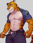  2016 abs anthro bulge clothed clothing digital_media_(artwork) disney feline fur knuxlight looking_at_viewer male mammal muscular muscular_male officer_fangmire orange_fur pecs police simple_background solo standing stripes stripper_tiger_(zootopia) tiger uniform white_fur zootopia 