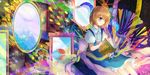  alice_margatroid alice_margatroid_(pc-98) blonde_hair blue_eyes blue_skirt book bow colorful commentary_request flower frilled_skirt frills grimoire_of_alice hair_bow hair_over_one_eye kazu_(muchuukai) legs light_particles looking_down mirror open_book puffy_short_sleeves puffy_sleeves reading ribbon rose shirt short_hair short_sleeves skirt solo star suspenders tiles touhou touhou_(pc-98) white_shirt 
