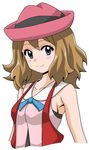  blue_eyes blush breasts brown_hair hat highres koutarosu looking_at_viewer medium_breasts pokemon pokemon_(anime) pokemon_xy_(anime) serena_(pokemon) short_hair sideboob sleeveless_duster smile solo upper_body white_background 