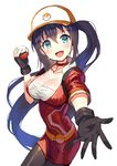  :d baseball_cap black_legwear blush breasts choker cleavage female_protagonist_(pokemon_go) fingerless_gloves gloves green_eyes happy hat highres holding holding_poke_ball large_breasts leggings long_hair matsui_hiroaki open_mouth poke_ball pokemon pokemon_go ponytail shiny shiny_skin smile solo very_long_hair 