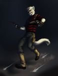  anthro clothed clothing diesel_wiesel eyewear fangs fingerless_gloves glasses gloves gun handgun hitmore male mammal mustelid pistol ranged_weapon simple_background solo standing sweat teeth weapon weasel 