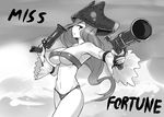  bare_shoulders beltbra breasts character_name cleavage cowboy_shot darabuchi detached_sleeves dual_wielding foreshortening greyscale groin gun hat holding large_breasts league_of_legends long_hair looking_at_viewer monochrome navel o-ring o-ring_bottom pirate_hat sarah_fortune solo weapon wide_sleeves 