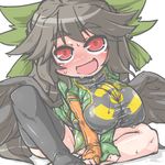  alternate_costume bangs black_hair black_legwear black_wings blush bow breasts chibi covered_nipples eyebrows eyebrows_visible_through_hair feathered_wings full-face_blush green_panties hair_bow kureha_mitsushige large_breasts legs long_hair long_sleeves looking_to_the_side looking_up no_pants open_mouth panties radiation_symbol rash_guard red_eyes red_pupils reiuji_utsuho shiny shiny_hair shirt simple_background single_thighhigh sitting smile solo sparkle sweat taut_clothes taut_shirt thick_eyebrows thighhighs thighs touhou underwear very_long_hair wet white_background wings zipper 