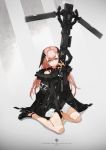 1girl bangs black_footwear cloak detached_sleeves eyebrows_visible_through_hair fur_collar grey_eyes headdress holding holding_weapon long_hair looking_at_viewer neco original pink_hair shoes simple_background sitting solo thigh_strap weapon 