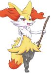  ambiguous_gender big_ears blush braixen feral fur nintendo open_mouth paws pok&eacute;mon red_eyes simple_background solo stick tongue unknown_artist video_games yellow_fur 