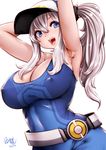  armpits arms_behind_head arms_up artist_name baseball_cap belt blue_eyes blush breasts cleavage cosplay covered_nipples dated female_protagonist_(pokemon_go) female_protagonist_(pokemon_go)_(cosplay) hat highres kantai_collection kashima_(kantai_collection) large_breasts lips long_hair looking_to_the_side open_mouth pokemon pokemon_go ponytail simple_background smile solo souryu taut_clothes teeth white_background white_hair 