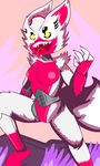  2016 animatronic anthro black_nose breasts canine digital_media_(artwork) e-01_(artist) female five_nights_at_freddy&#039;s five_nights_at_freddy&#039;s_2 fox funtime_foxy_(fnaf) fur hair looking_at_viewer machine mammal mangle_(fnaf) nipples nude open_mouth pink_background pink_fur pink_hair pussy robot simple_background smile solo tagme tongue video_games white_fur yellow_eyes 