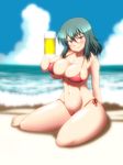  &gt;:) alcohol alternate_costume amazon_(taitaitaira) bare_legs bare_shoulders barefoot beach beer bikini blush breasts cleavage collarbone commentary_request cup day drinking_glass green_hair groin halter_top halterneck highres holding holding_cup kazami_yuuka large_breasts looking_at_viewer navel red_bikini red_eyes short_hair side-tie_bikini sitting smile solo swimsuit touhou v-shaped_eyebrows yokozuwari 