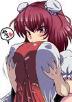  amazon_(taitaitaira) bad_id bad_pixiv_id bandaged_arm bandages blush breast_grab breasts chinese_clothes covered_nipples double_bun grabbing grabbing_from_behind huge_breasts ibaraki_kasen red_eyes red_hair short_hair solo_focus sweatdrop tabard touhou upper_body white_background 