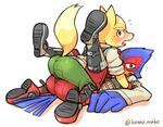  2016 anthro avian blush bulge butt canine clothed clothing duo falco_lombardi fox fox_mccloud fur kemo_nuko looking_at_viewer male mammal nintendo open_mouth simple_background star_fox video_games 