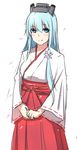  alternate_costume blue_eyes blue_hair blush breasts cherry_blossoms cowboy_shot eyebrows eyebrows_visible_through_hair flower hair_between_eyes hair_flower hair_ornament hair_over_shoulder hakama headgear japanese_clothes jewelry long_hair long_sleeves looking_at_viewer lulu_heika miko petals ring shirayuki_(zhan_jian_shao_nyu) sketch small_breasts smile solo standing wedding_band white_background wide_sleeves zhan_jian_shao_nyu 