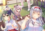  amatsukaze_(kantai_collection) black_legwear breasts cleavage clipboard closed_eyes commentary_request eraser gloves green_eyes green_hair hairband hat headband highres holding holding_knife japanese_clothes kantai_collection knife long_hair medium_breasts mini_hat multiple_girls navy_blue_legwear no_shoes out_of_frame pencil school_uniform serafuku shoukaku_(kantai_collection) silver_hair single_glove tahya tatami tearing_up tears thighhighs trembling twintails white_legwear yellow_eyes zuikaku_(kantai_collection) 