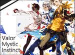  2girls blanche_(pokemon) blonde_hair blue_eyes brown_hair brown_legwear candela_(pokemon) dark_skin gloves happy holding looking_at_viewer multiple_girls orange_eyes pants pantyhose poke_ball pokemon pokemon_go ponytail short_hair spark_(pokemon) team_instinct team_mystic team_valor throwing tsugutoku 