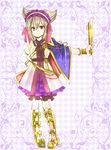  black_ribbon blue_cape boots bow_legwear bracelet cape commentary_request earmuffs embellished_costume full_body hairband hand_on_hip jewelry light_brown_hair lolita_hairband looking_at_viewer mimippu neck_ribbon outstretched_arm pointy_hair protected_link purple_skirt ribbon ritual_baton sash shirt short_hair skirt sleeveless sleeveless_shirt solo touhou toyosatomimi_no_miko yellow_eyes yellow_footwear 