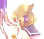  bare_shoulders blush bracelet brown_hair closed_eyes commentary earmuffs from_side gradient_hair hair_kiss hijiri_byakuren jewelry long_hair mimippu multicolored_hair multiple_girls out_of_frame pointy_hair profile protected_link purple_hair shirt short_hair sleeveless sleeveless_shirt solo_focus touhou toyosatomimi_no_miko upper_body 