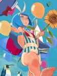  aqua_nails balloon barefoot bird blue_hair bow candy emperor_penguin feet flower food from_below hat heart_cutout lollipop nail_polish open_mouth original penguin red_bow scrunchie short_hair solo sunflower tan toenail_polish walking yuuki_(irodo_rhythm) 