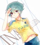  bibe_masa blue_hair highres hiura_kirina inazuma_eleven_ares_no_tenbin male_focus navel purple_eyes soccer_uniform solo sportswear 