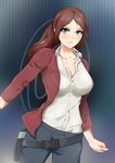  belt blue_eyes blush breasts brown_hair buckle claire_redfield denim focused gun jacket keikyu_(tiltedcube) large_breasts long_hair long_sleeves open_clothes open_jacket original pants ponytail resident_evil resident_evil_2 resident_evil_revelations solo weapon 