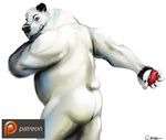  anthro bear black_nose blue_eyes butt cathricorn claws clenched_teeth english_text fur holding_object looking_at_viewer male mammal manly mature_male muscular nintendo nude patreon paws pok&eacute;ball pok&eacute;mon polar_bear presenting rear_view simple_background teeth text video_games white_background white_fur 