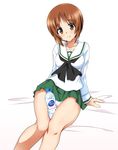  between_thighs bottle brown_eyes brown_hair eyebrows eyebrows_visible_through_hair girls_und_panzer green_skirt looking_at_viewer nishizumi_miho ooarai_school_uniform ouhashi panties school_uniform serafuku short_hair simple_background sitting skirt smile soda_bottle solo underwear white_background white_panties 