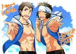  :d ;d brown_hair cloud day enjouji_michiru green_hair headband headset hood hoodie idolmaster idolmaster_side-m jewelry koutake_hiroyoshi male_focus multiple_boys muscle necklace nipples one_eye_closed open_mouth outstretched_arm purple_eyes shingen_seiji shirtless sky sleeveless sleeveless_hoodie smile wavy_hair 