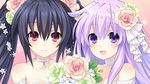  bangs bare_shoulders beads black_hair blush bouquet breasts choker cleavage closed_mouth collarbone dress flower game_cg gradient gradient_background green_flower hair_beads hair_flower hair_ornament highres jewelry lace leaf long_hair looking_at_viewer multiple_girls nepgear neptune_(series) noire open_mouth orange_flower pendant pink_background purple_eyes purple_hair red_eyes ribbon sidelocks small_breasts smile sparkle strapless tsunako twintails upper_body wedding_dress white_choker white_flower 