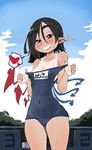  black_hair blush breasts cleavage eyebrows grin highres houjuu_nue medium_breasts pointy_ears red_eyes school_swimsuit smile solo swimsuit takeu tan tanline thick_eyebrows touhou wings 