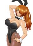  :d animal_ears bare_shoulders black_legwear blush bow bowtie breasts bunny bunny_ears bunny_girl bunnysuit cleavage headwear keikyu_(tiltedcube) large_breasts long_hair looking_at_viewer open_mouth orange_hair original pantyhose smile solo teeth wrist_cuffs 