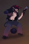  abs anthro bovine cattle clothed clothing fangs gun hitmore horn male mammal navel nipples open_mouth open_shirt ranged_weapon shotgun simple_background solo standing teeth weapon 