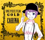  artist_name blue_eyes breasts carina_(one_piece) character_name cleavage copyright_name flower hashimoto_kurara hat large_breasts leaf one_eye_closed one_piece one_piece_film_gold purple_hair rose solo sparkle teeth thorns yellow_background 