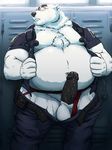  animal_genitalia anthro balls bear belly belt biceps big_penis black_nose blue_eyes blush body_hair chest_hair clothed clothing cum cum_on_self detailed_background erection eyewear front_view fur glasses grisserpanda_(artist) hi_res huge_penis humanoid_penis locker_room looking_at_viewer male mammal manly mature_male messy muscular muscular_male nervous nipples pants pants_down partially_clothed partially_retracted_foreskin pecs penis polar_bear police pose precum presenting relaxing slightly_chubby solo sweat thick_penis thong uncut underwear vein veiny_penis white_fur 