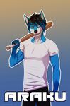  anthro baseball_bat canine clothed clothing fangs hitmore looking_at_viewer male mammal simple_background smile solo standing teeth text 