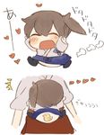  2girls animal_print bird blush brown_hair chibi closed_eyes commentary hair_ribbon heart hug ina_(1813576) japanese_clothes kaga_(kantai_collection) kantai_collection long_hair multiple_girls panties print_panties ribbon side_ponytail smile tasuki translated underwear younger 