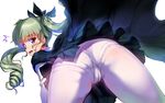  anchovy anzio_school_uniform ass bad_id bad_twitter_id black_skirt blush cape drill_hair duplicate embarrassed eyebrows eyebrows_visible_through_hair girls_und_panzer green_hair hino_katsuhiko long_hair looking_at_viewer looking_back open_mouth panties panties_under_pantyhose pantyhose pleated_skirt purple_eyes simple_background skirt solo twin_drills underwear wavy_mouth white_background white_legwear 