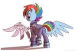  bionic_wing blue_feathers clothing equine feathered_wings feathers female feral friendship_is_magic fur hair jumpsuit mammal mechanical_wing multicolored_hair my_little_pony pegasus pink_eyes rainbow_dash_(mlp) rainbow_hair scar simple_background solo standing wandrevieira1994 wings 