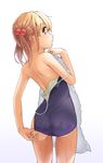  adjusting_clothes adjusting_swimsuit ass bad_id bad_pixiv_id bare_shoulders blonde_hair blue_swimsuit brown_eyes closed_mouth from_behind hair_bobbles hair_ornament holding legs_apart off_shoulder one-piece_swimsuit original profile short_hair short_twintails simple_background solo standing swimsuit thighs towel twintails water wet wet_clothes wet_swimsuit white_background yoropa 