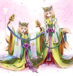  :3 :d animal_ears bell blue_ribbon blush cherry_blossoms eyebrows eyebrows_visible_through_hair flower fox_ears fox_tail full_body green_ribbon hair_between_eyes hair_flower hair_ornament hakama head_tilt holding japanese_clothes jingle_bell kagura_suzu kanzashi karaginu_mo kimono lamppost layered_clothing layered_kimono long_hair multiple_girls multiple_tails obi open_mouth original outdoors outstretched_arms petals purple_eyes ramuya_(lamb) red_ribbon ribbon ribbon-trimmed_clothes ribbon_trim sash smile standing tail white_legwear wide_sleeves yellow_ribbon 