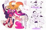  armor bike_shorts calligraphy_brush commentary_request helmet inkling japanese_armor kabuto multiple_views octobrush_(splatoon) paintbrush red_footwear shoes sizma splatoon_(series) splatoon_1 squid tentacle_hair translation_request 