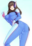  ass bodysuit breasts brown_eyes brown_hair bulge d.va_(overwatch) futanari headphones looking_at_viewer looking_back necronemesis overwatch penis penis_under_clothes shiny shiny_clothes skin_tight solo testicles 