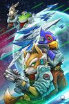  2016 amphibian anthro arwing avian belt bird black_nose blue_eyes brown_fur canine clothing falco_lombardi fingerless_gloves fox fox_mccloud frog fur gloves green_eyes group gun hair handgun hat jacket long_ears male mammal nintendo peppy_hare pertheseus planet ranged_weapon red_eyes scarf slippy_toad smile space star_fox tools video_games weapon white_fur white_hair 