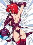  ass bed_sheet boots elbow_gloves gloves green_eyes grin headwear_removed helmet helmet_removed high_heels looking_back lying mika_(viper) official_art on_stomach red_hair short_hair smile solo thigh_boots thighhighs viper viper_m1 