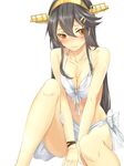  alternate_costume arm_support bare_arms bare_legs between_legs bikini black_hair blush breast_press breasts cleavage front-tie_top hair_between_eyes hairband hand_between_legs haruna_(kantai_collection) kantai_collection kyougoku_touya long_hair looking_to_the_side medium_breasts sarong solo swimsuit thighs white_bikini yellow_eyes 