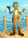  anthro clothed clothing ear_piercing facial_hair fangs feline goatee hitmore male mammal open_mouth outside piercing pirate_ship smile solo standing teeth tongue 